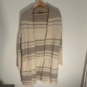 Athleta Cashmere and Wool Cozy Striped Knit Duster Sweater - Cream and Gray